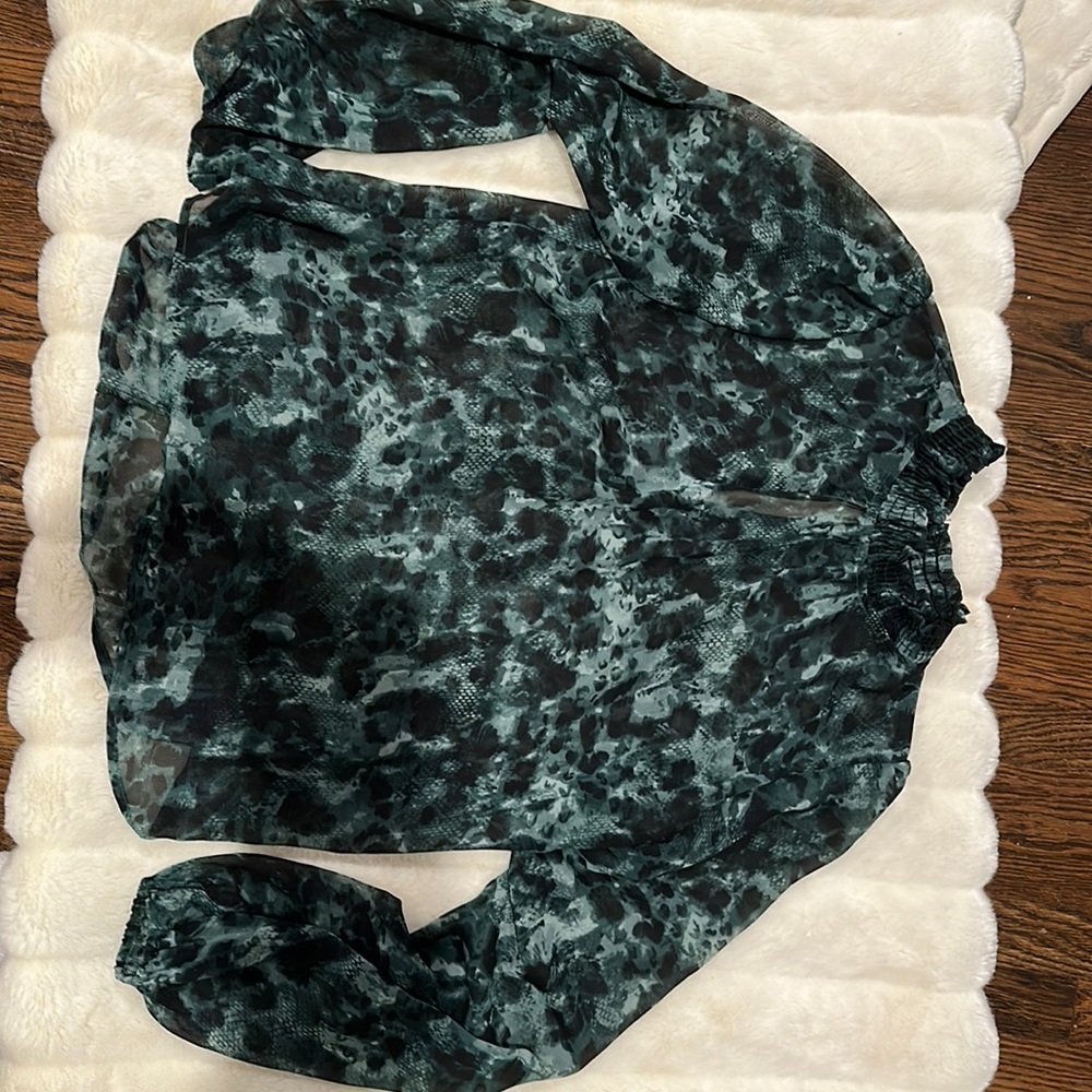 Sheer green and black blouse with high neck size small brand Allison Joy